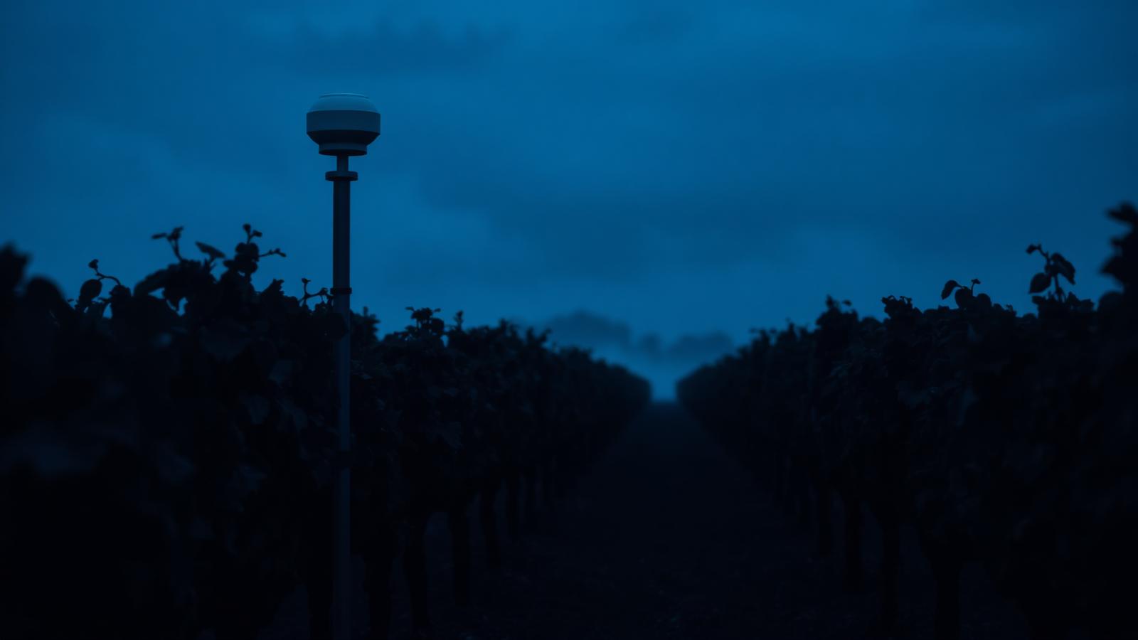 A weather sensor among vine rows at blue-hour dusk.